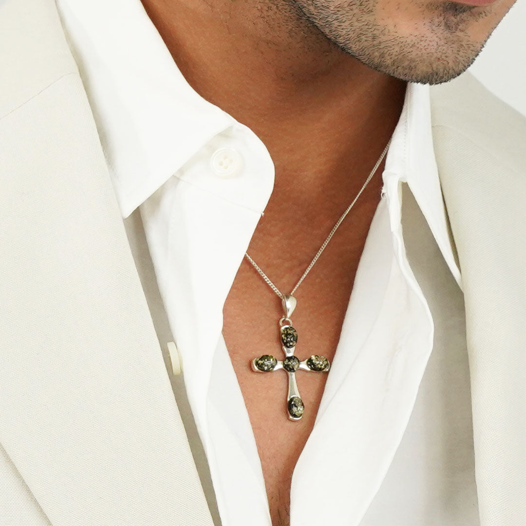 Green Baltic Amber Cross-Style Pendant in Sterling Silver