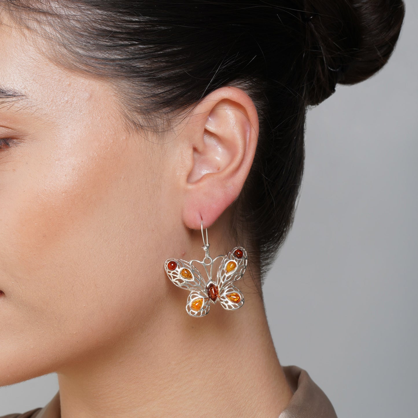 Cognac & Cherry Baltic Amber Butterfly Earrings in Sterling Silver
