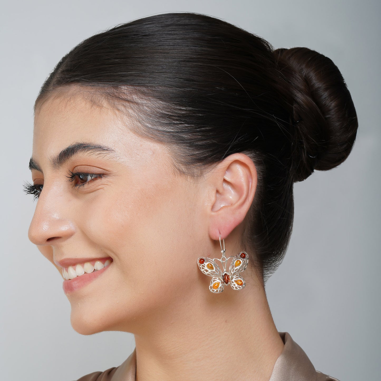 Cognac & Cherry Baltic Amber Butterfly Earrings in Sterling Silver