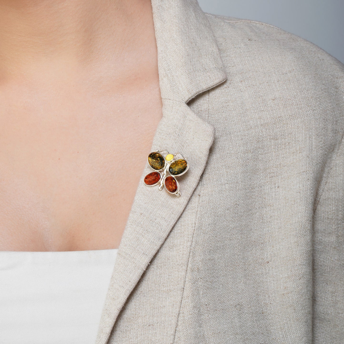 Multicolor Baltic Amber Butterfly Brooch in Sterling Silver