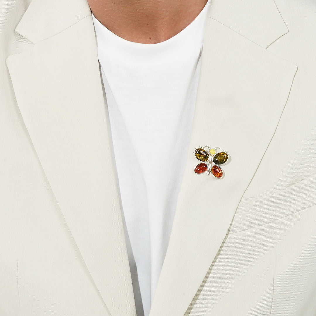 Multicolor Baltic Amber Butterfly Brooch in Sterling Silver