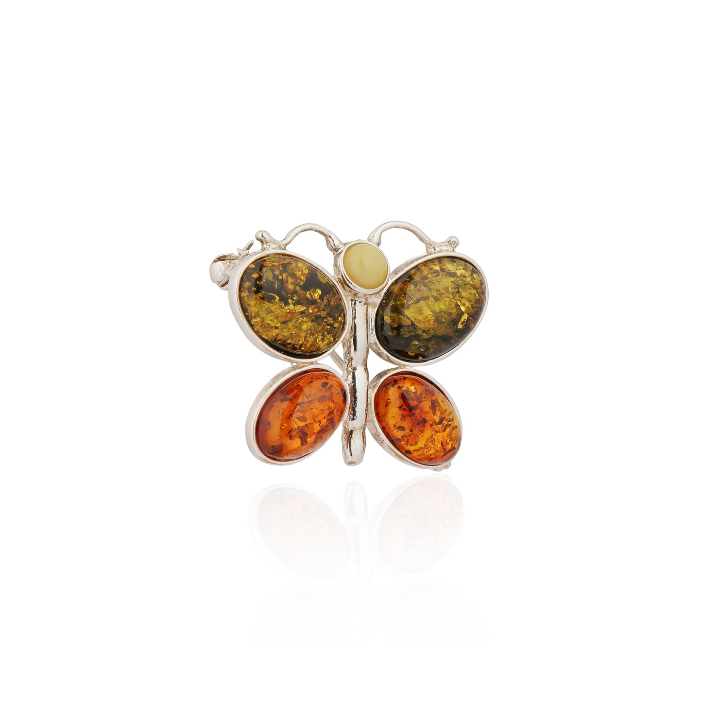 Multicolor Baltic Amber Butterfly Brooch in Sterling Silver