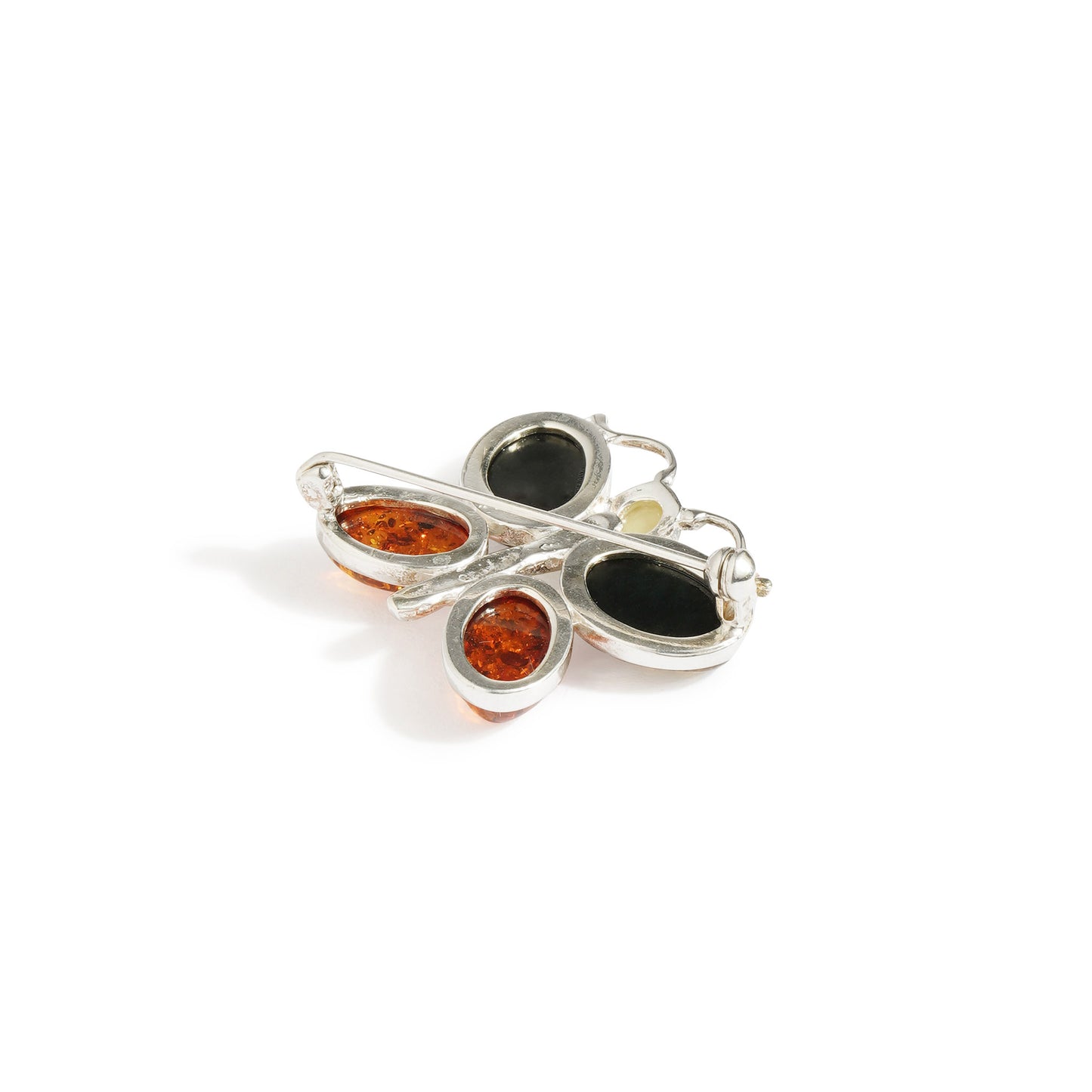 Multicolor Baltic Amber Butterfly Brooch in Sterling Silver