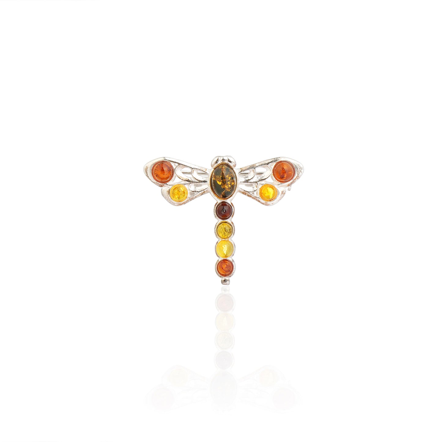 Multicolor Baltic Amber Small Dragonfly Brooch in Sterling Silver
