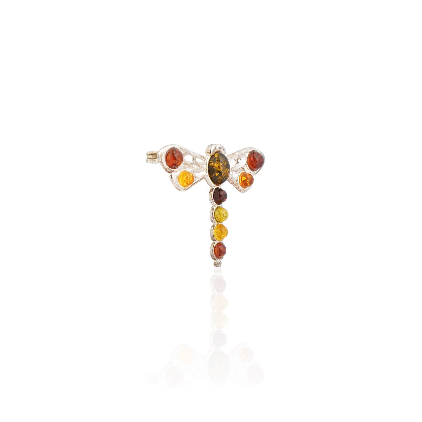 Multicolor Baltic Amber Small Dragonfly Brooch in Sterling Silver