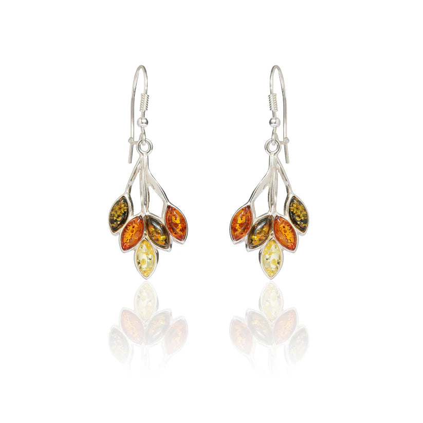 Multicolor Baltic Amber Five-Leaves Twigs Earrings & Pendant Set in Sterling Silver