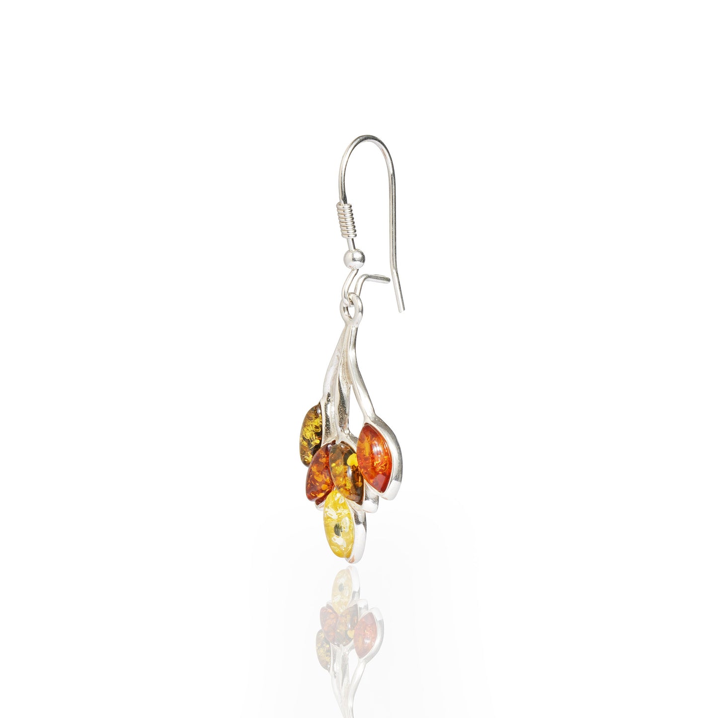 Multicolor Baltic Amber Five-Leaves Twig Earrings in Sterling Silver