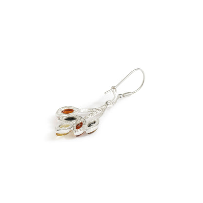 Multicolor Baltic Amber Five-Leaves Twig Earrings in Sterling Silver