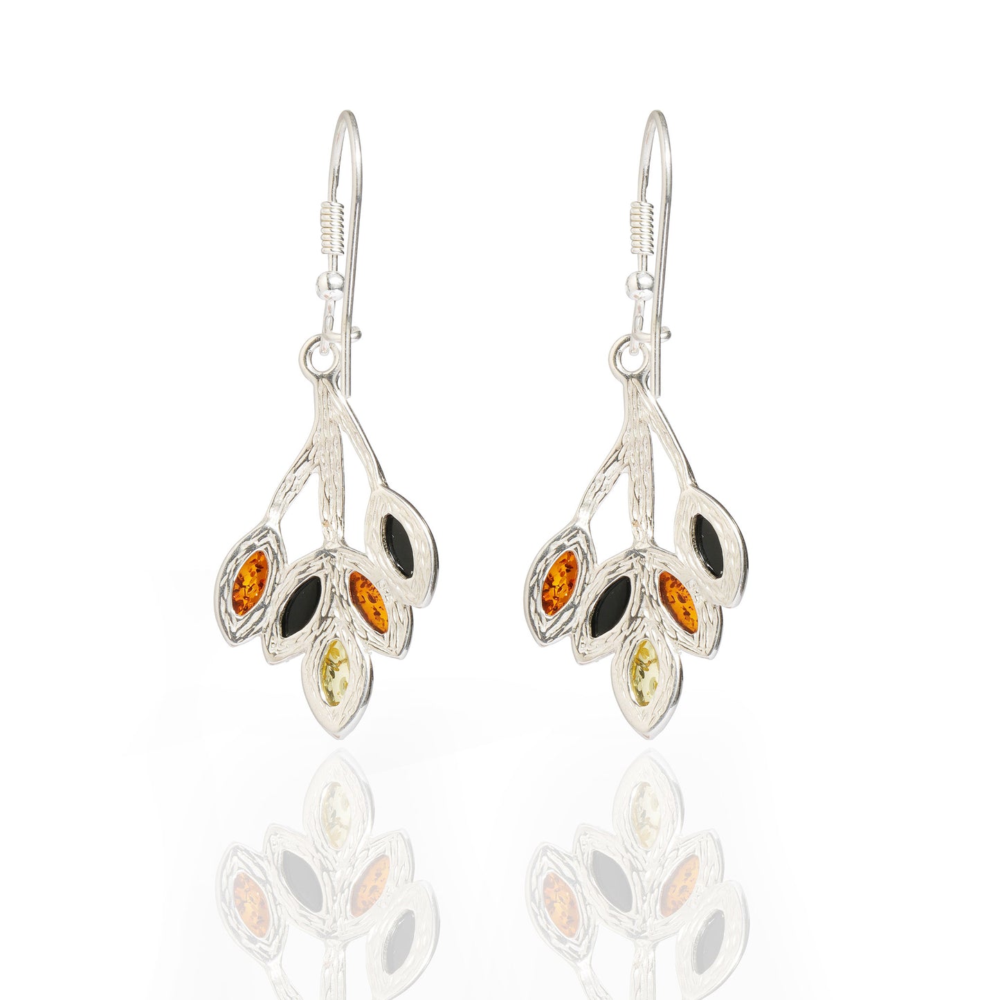 Multicolor Baltic Amber Five-Leaves Twig Earrings in Sterling Silver