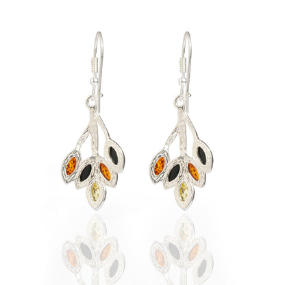 Multicolor Baltic Amber Five-Leaves Twig Earrings in Sterling Silver