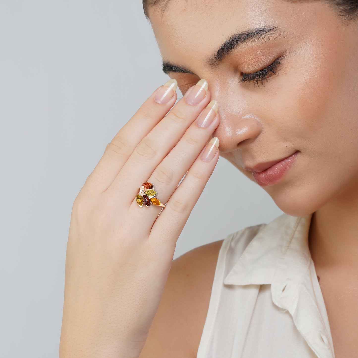 Amber Five-Leaves Twig Ring in Sterling Silver