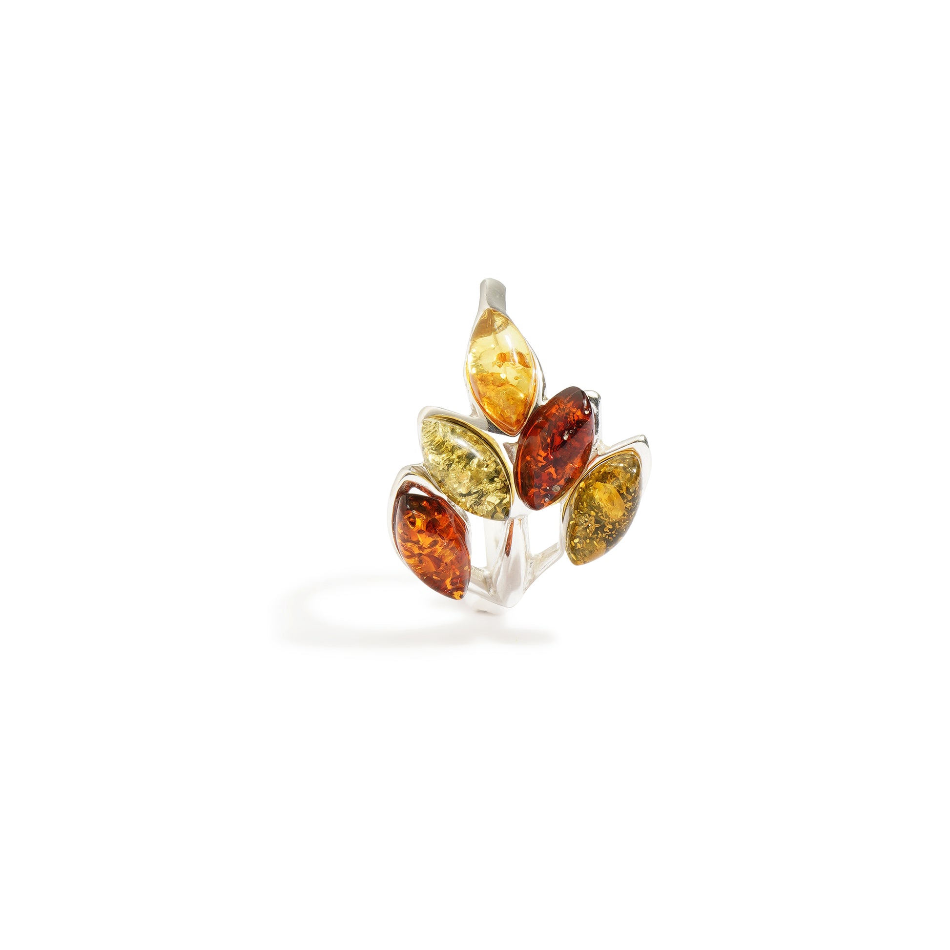 Amber Five-Leaves Twig Ring in Sterling Silver