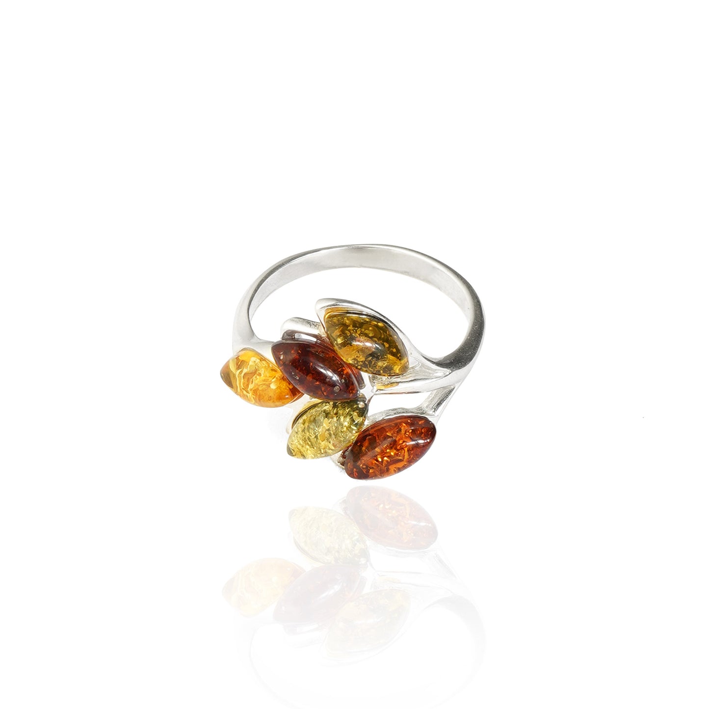 Amber Five-Leaves Twig Ring in Sterling Silver