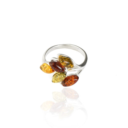 Amber Five-Leaves Twig Ring in Sterling Silver