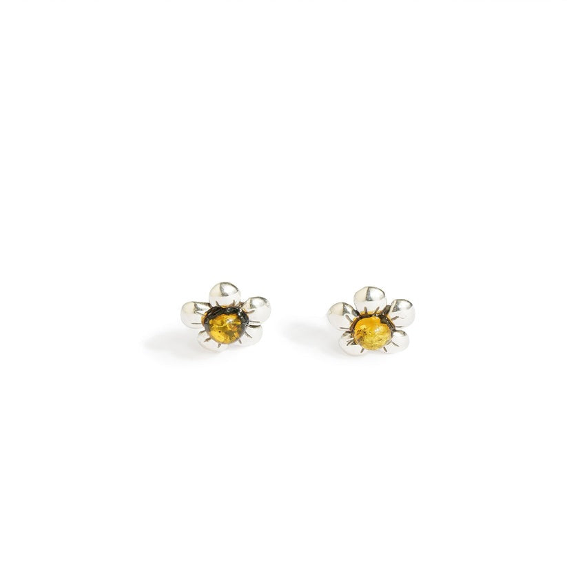 Green Baltic Amber Fluer Small Flower Studs & Pendant in Sterling Silver