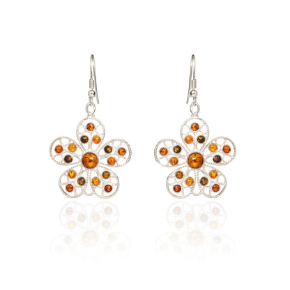 Multicolor Baltic Amber Big Flower Earrings & Pendant Set in Sterling Silver