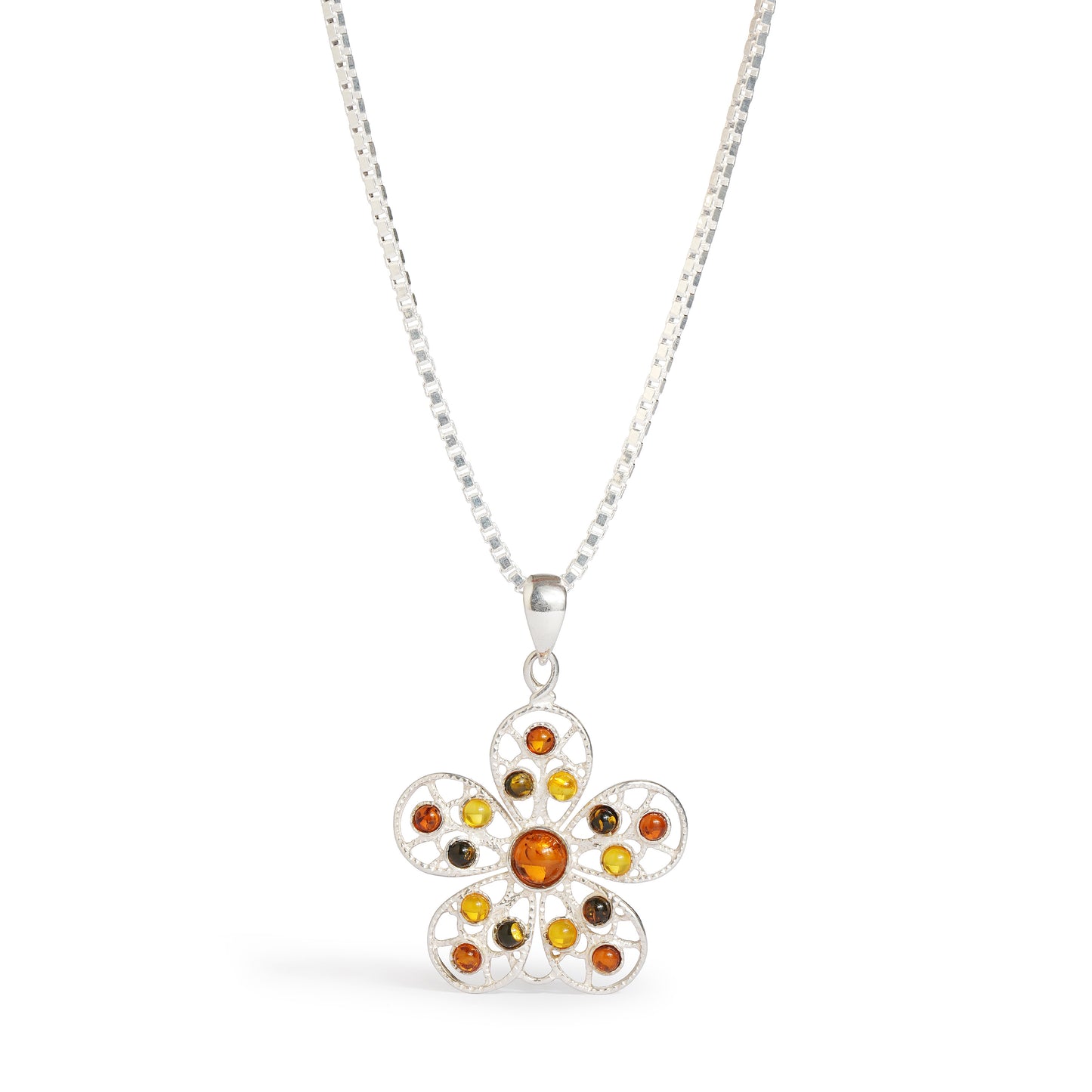 Multicolor Baltic Amber Big Flower Earrings & Pendant Set in Sterling Silver