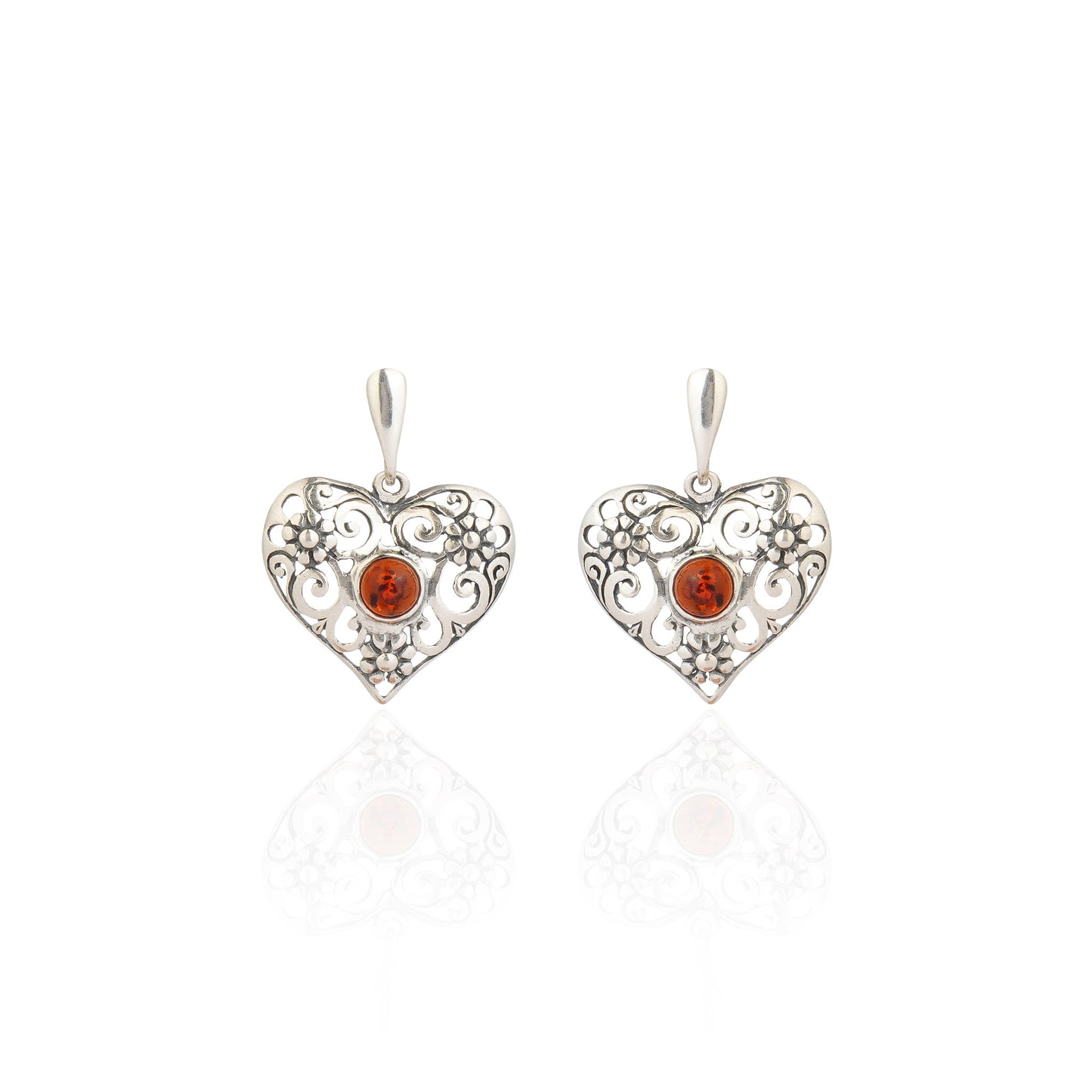 Cherry Baltic Amber Big Heart Earrings in Sterling Silver