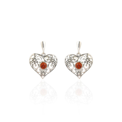 Cherry Baltic Amber Big Heart Earrings in Sterling Silver