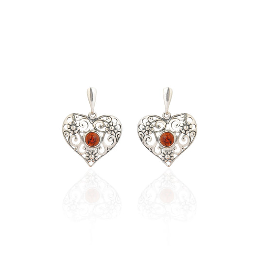 Cherry Baltic Amber Big Heart Earrings in Sterling Silver