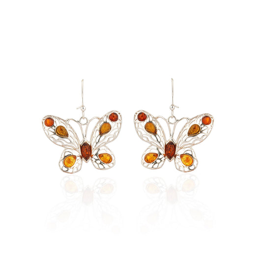 Cognac & Cherry Baltic Amber Butterfly Earrings in Sterling Silver