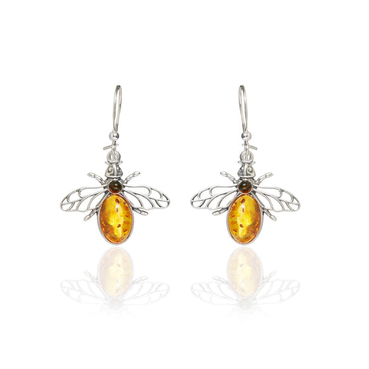 Cognac Baltic Amber Bees Earrings in Sterling Silver