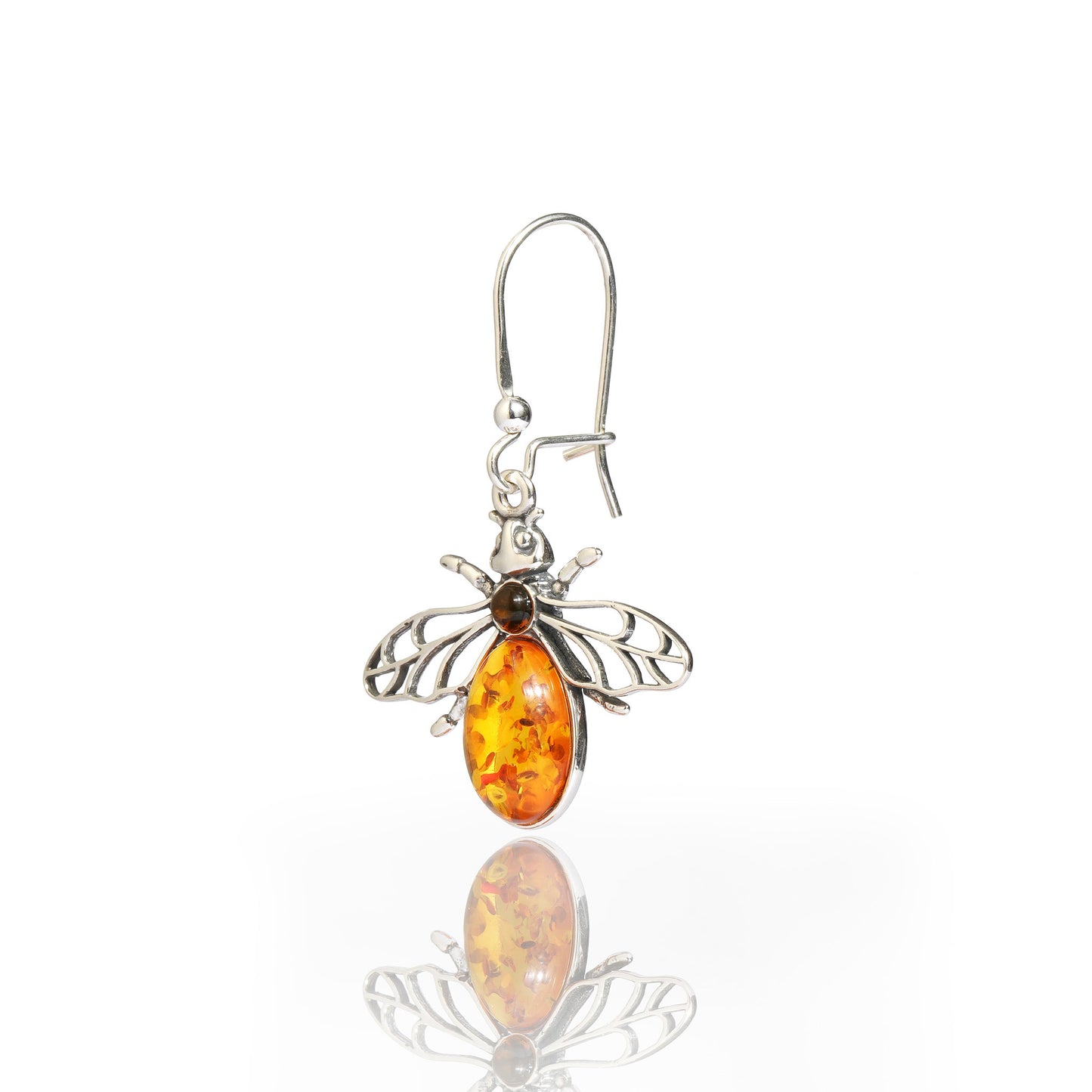 Cognac Baltic Amber Bees Earrings in Sterling Silver