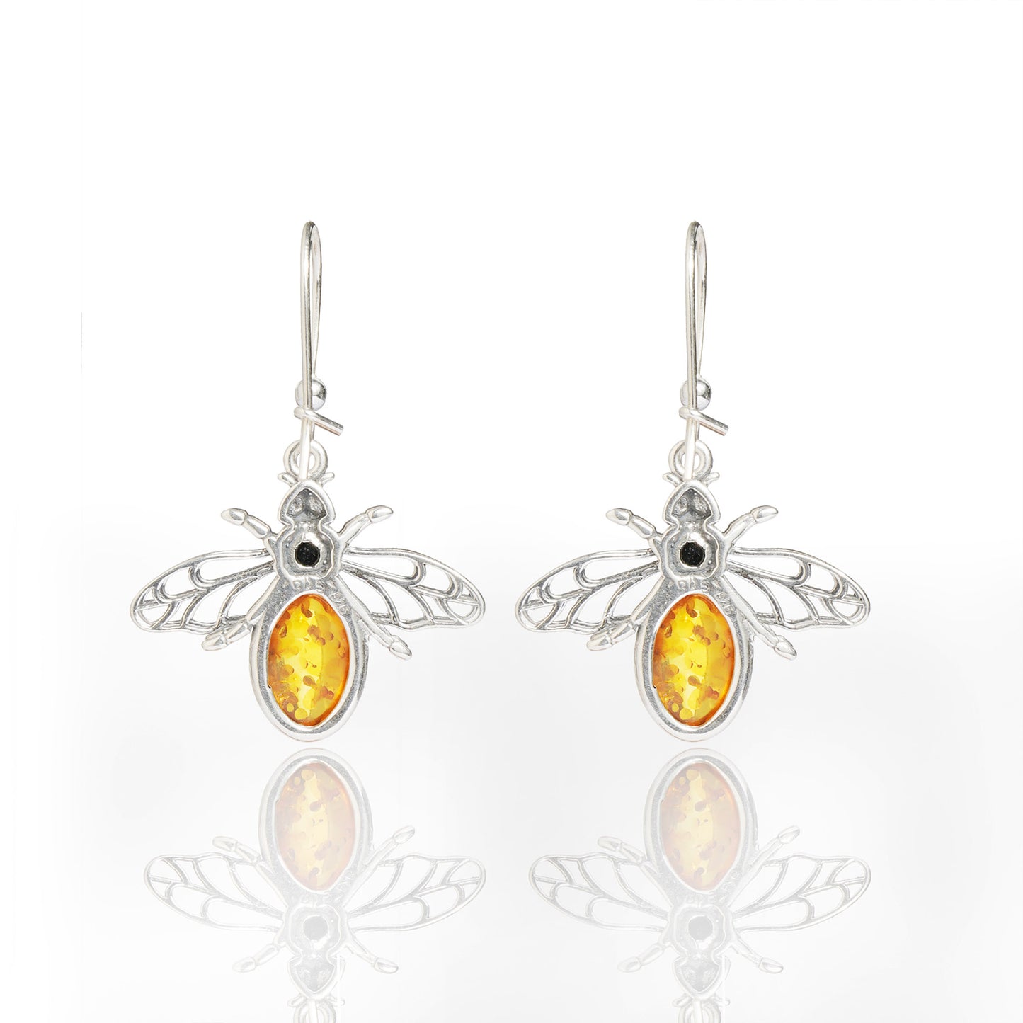 Cognac Baltic Amber Bees Earrings in Sterling Silver