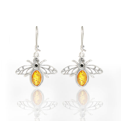 Cognac Baltic Amber Bees Earrings in Sterling Silver