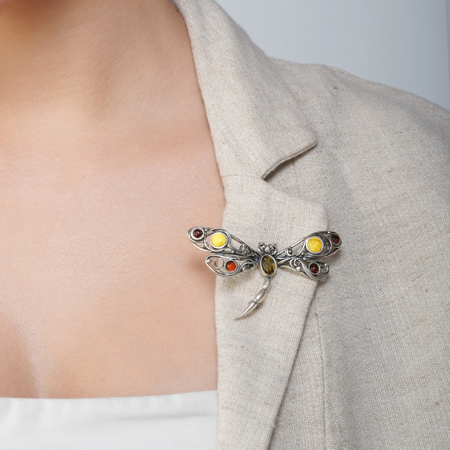 Multicolor Baltic Amber Dragonfly Brooch in Sterling Silver