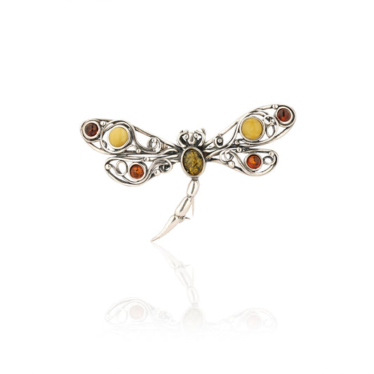 Multicolor Baltic Amber Dragonfly Brooch in Sterling Silver