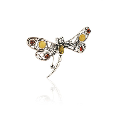 Men's Multicolor Baltic Amber Dragonfly Brooch in Sterling Silver