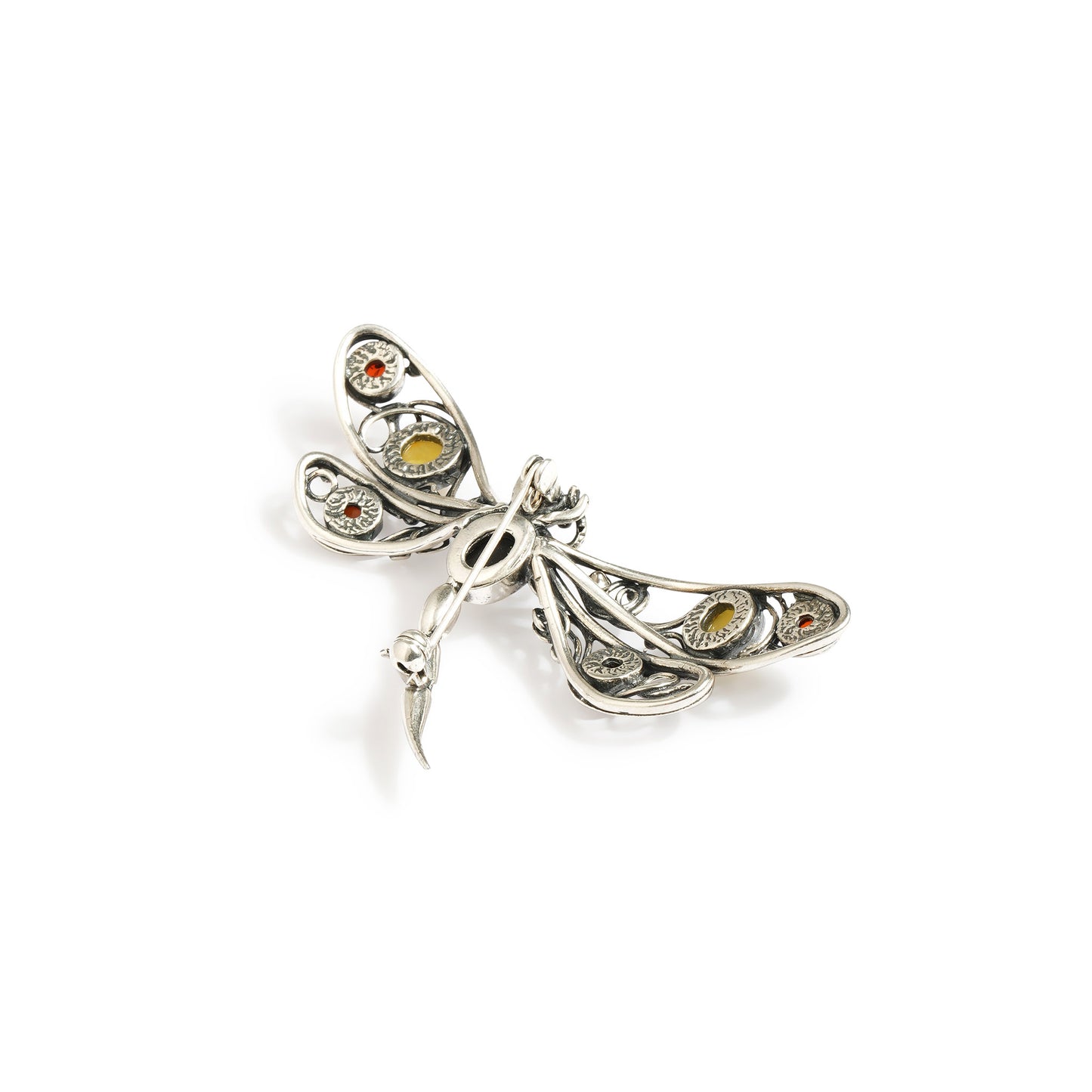 Men's Multicolor Baltic Amber Dragonfly Brooch in Sterling Silver