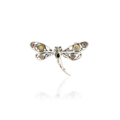 Men's Multicolor Baltic Amber Dragonfly Brooch in Sterling Silver