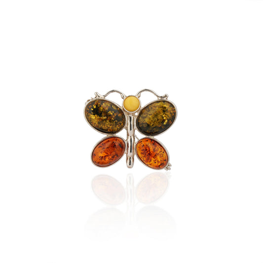 Multicolor Baltic Amber Butterfly Brooch in Sterling Silver