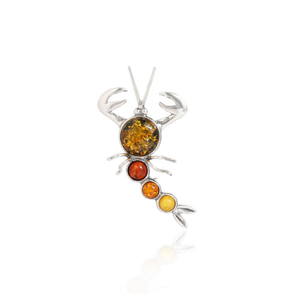 Multicolor Baltic Amber Scorpion Brooch in Sterling Silver