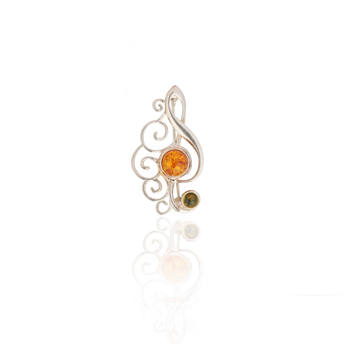 Men's Cognac & Green Baltic Amber Treble Clef Brooch in Sterling Silver