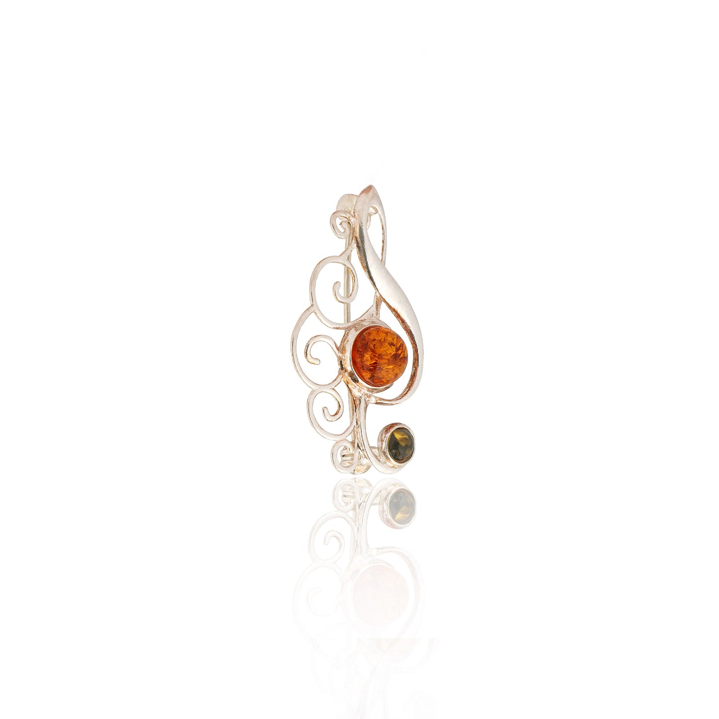 Men's Cognac & Green Baltic Amber Treble Clef Brooch in Sterling Silver