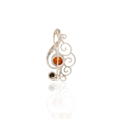 Men's Cognac & Green Baltic Amber Treble Clef Brooch in Sterling Silver