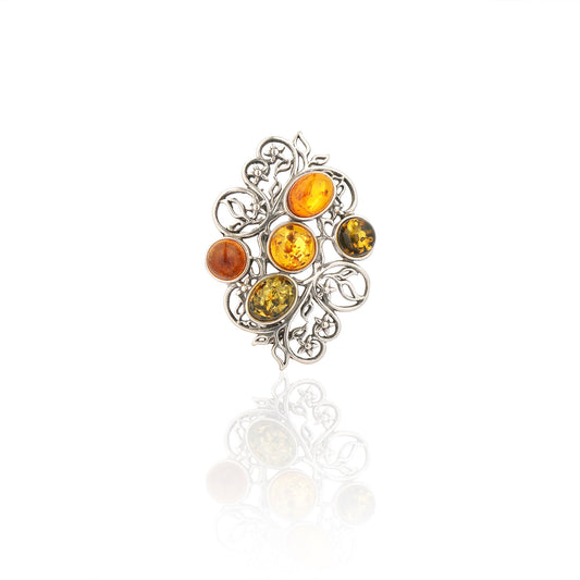 Multicolor Baltic Amber Ornate Vine Brooch in Sterling Silver