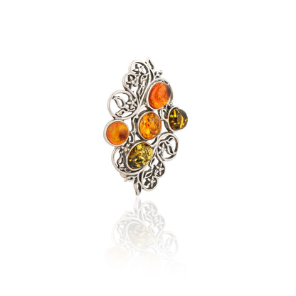 Men's Multicolor Baltic Amber Ornate Vine Brooch in Sterling Silver