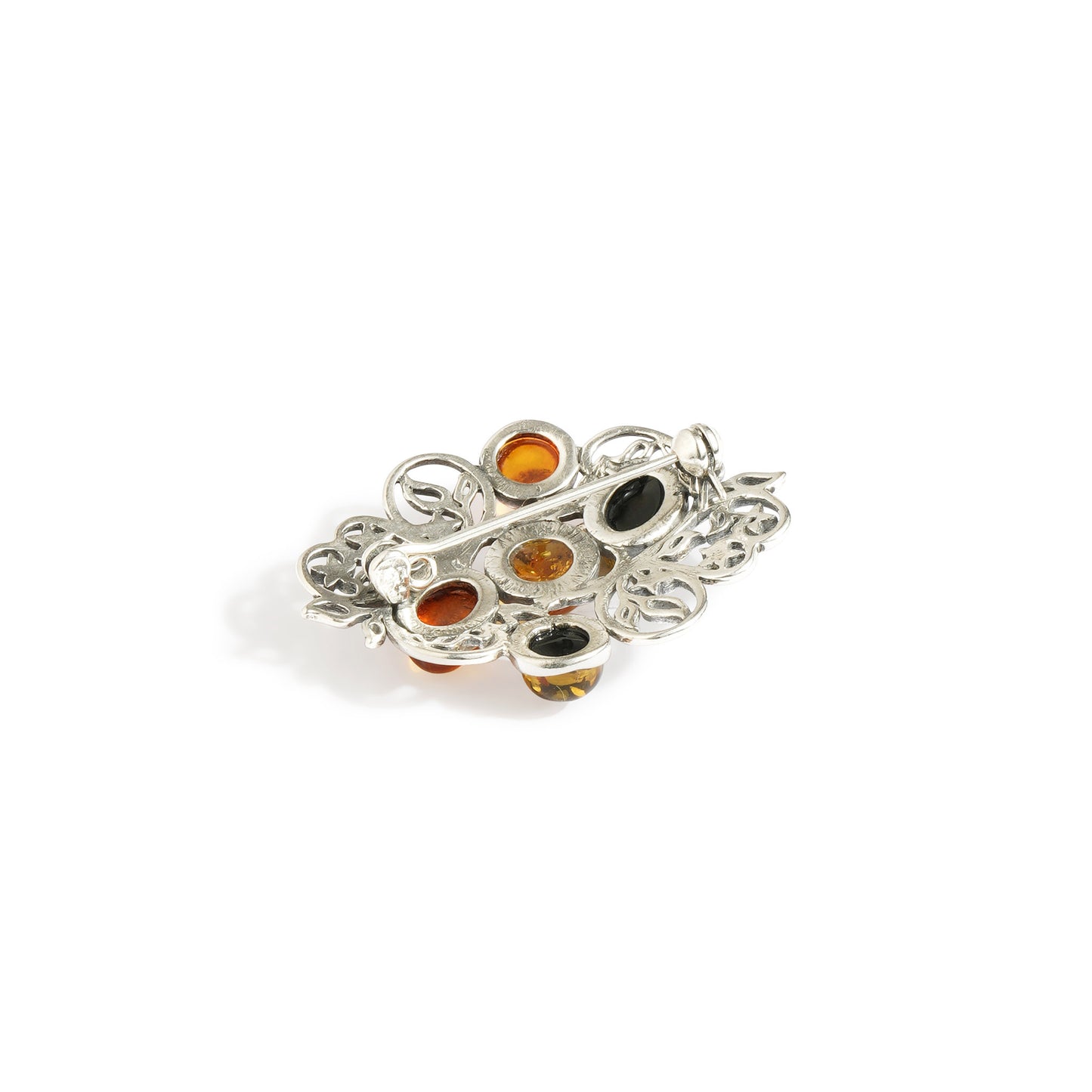 Men's Multicolor Baltic Amber Ornate Vine Brooch in Sterling Silver