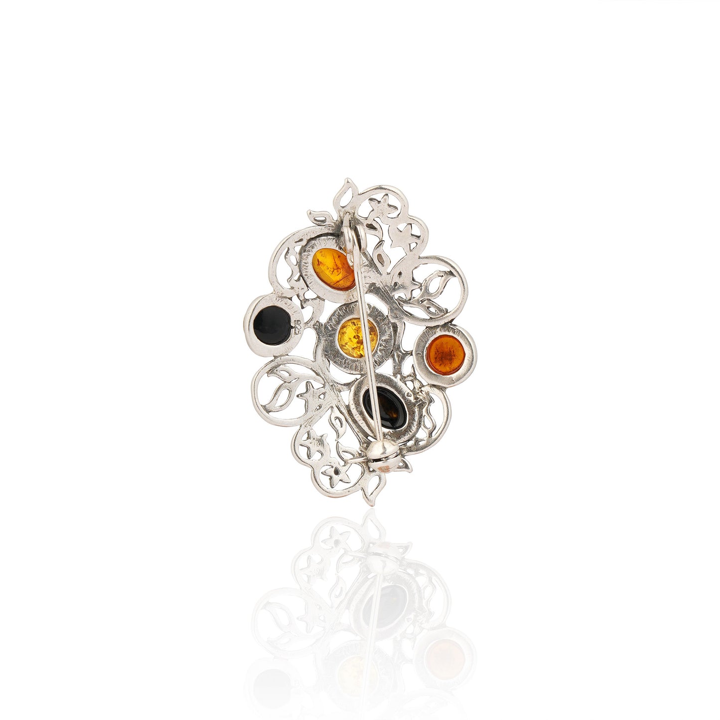 Men's Multicolor Baltic Amber Ornate Vine Brooch in Sterling Silver