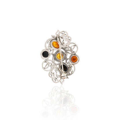 Men's Multicolor Baltic Amber Ornate Vine Brooch in Sterling Silver