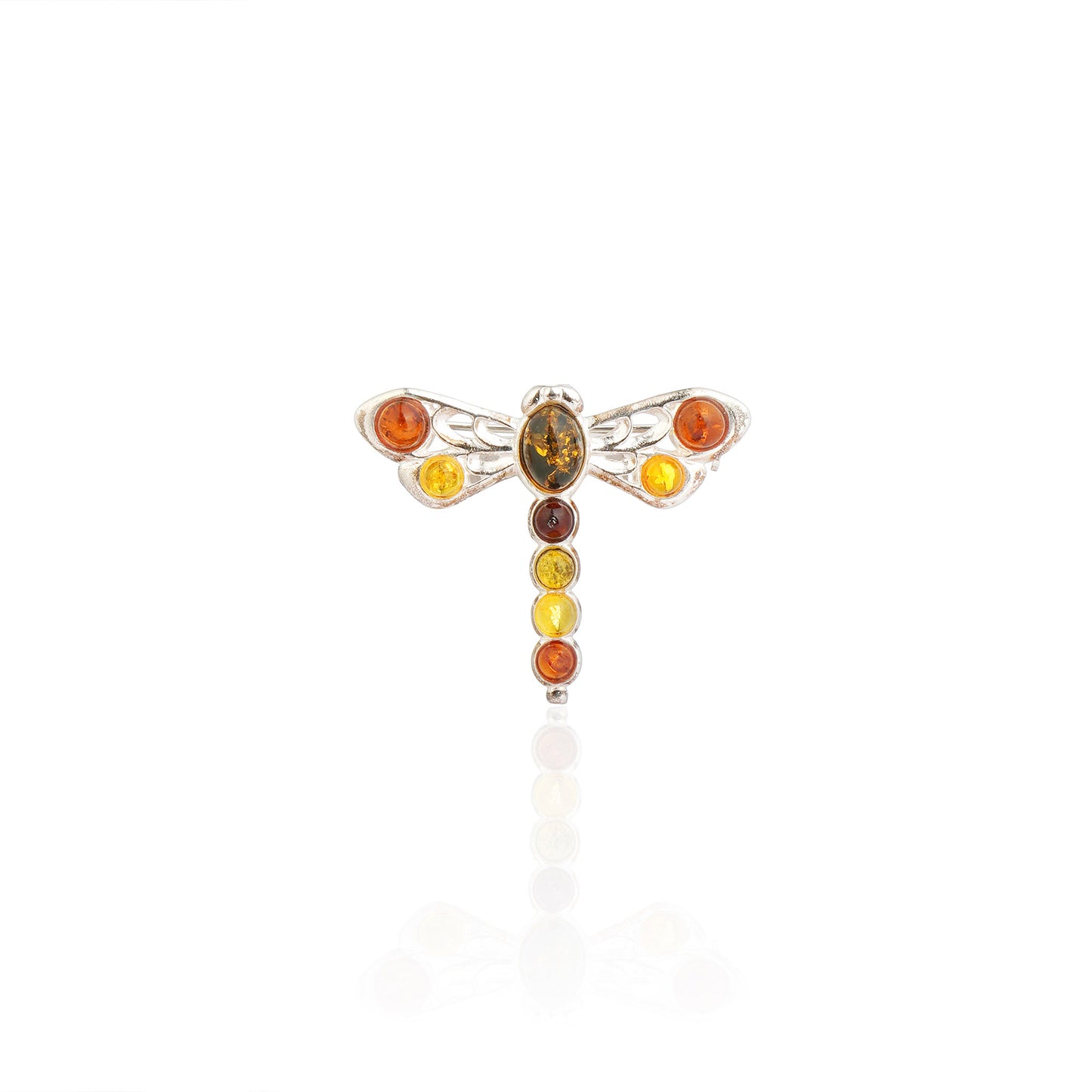 Men's Multicolor Baltic Amber Small Dragonfly Brooch in Sterling Silver