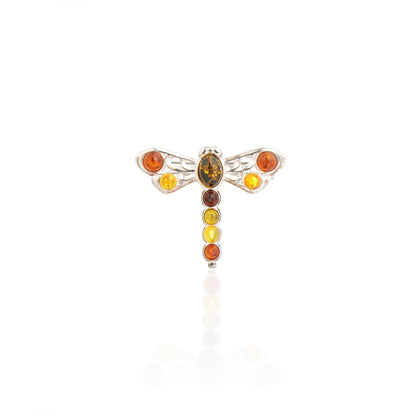 Men's Multicolor Baltic Amber Small Dragonfly Brooch in Sterling Silver