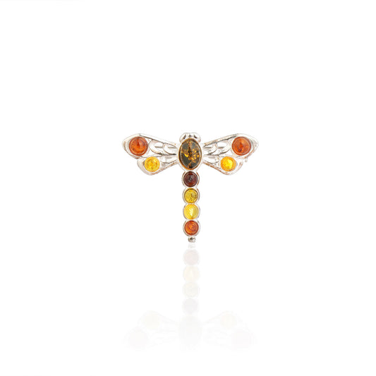 Multicolor Baltic Amber Small Dragonfly Brooch in Sterling Silver