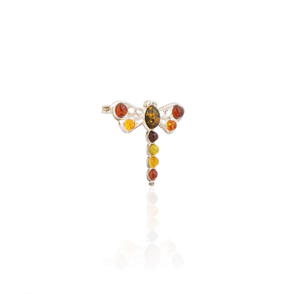 Men's Multicolor Baltic Amber Small Dragonfly Brooch in Sterling Silver