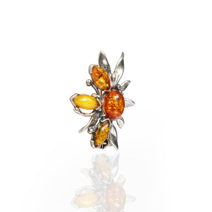 Multicolor Baltic Amber Leaves Brooch in Sterling Silver