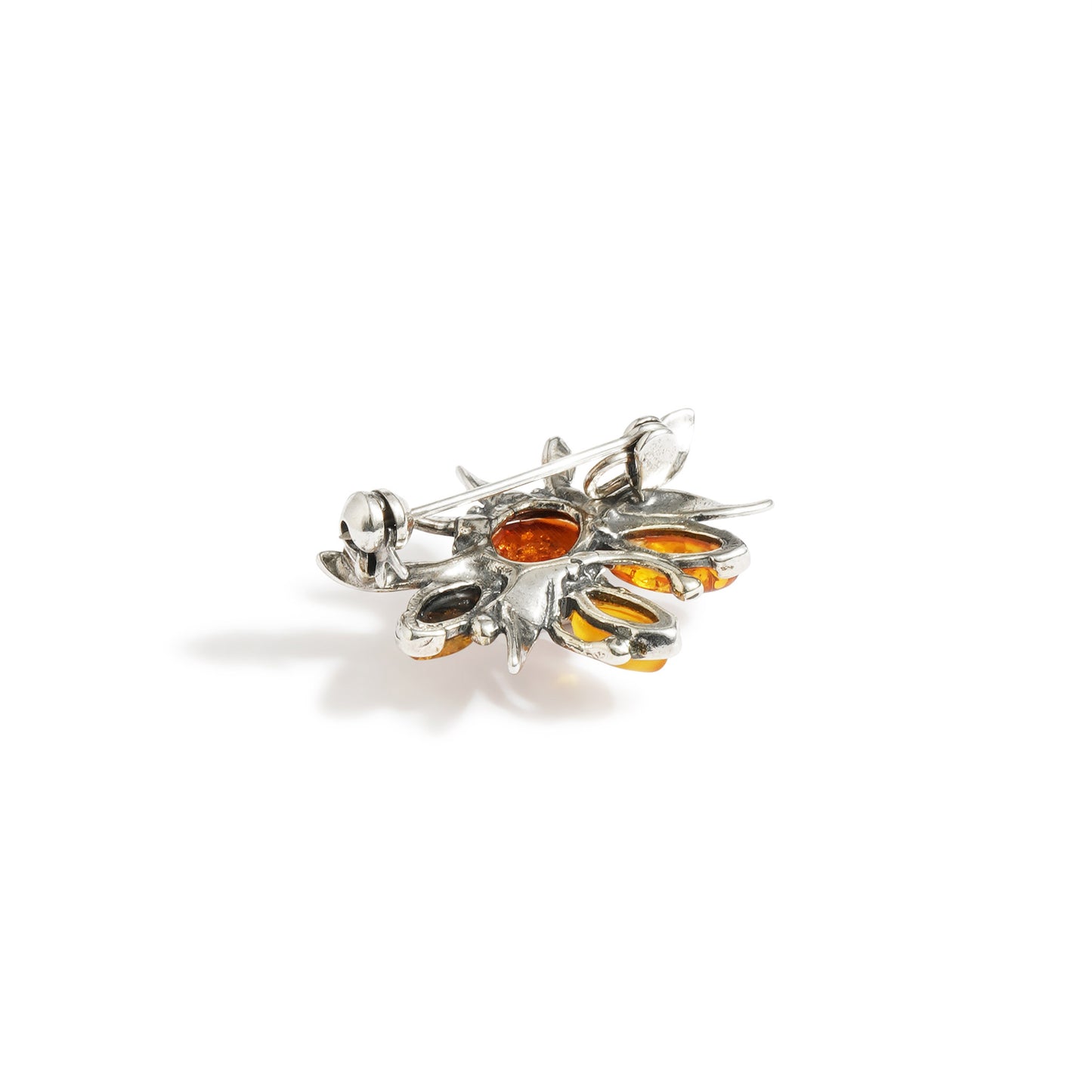 Multicolor Baltic Amber Leaves Brooch in Sterling Silver